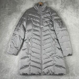 Eddie Bauer Down Parka Womens Medium Gray Faux Fur Lined Long Puffer Jacket Coat